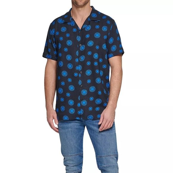 Karl Lagerfeld Paris Men's Retro Sunflower Motif Print Camp Shirt Viscose Blue - Picture 4 of 5